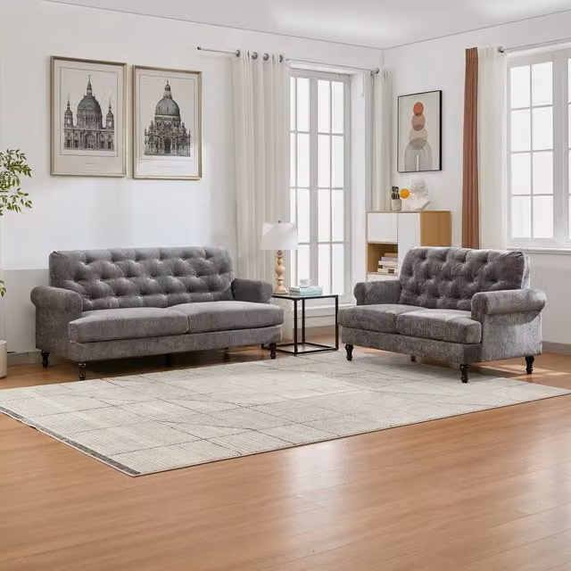 Furniture One Mid Century Modern Button Tufted Upholstered Fabric Couch Set in Grey, Width: 152 cm