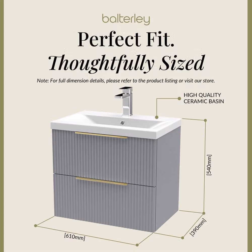 Balterley Fluted Front Wall Hung 2 Drawer Vanity Basin Unit, Satin Grey, W: 60 cm – 2