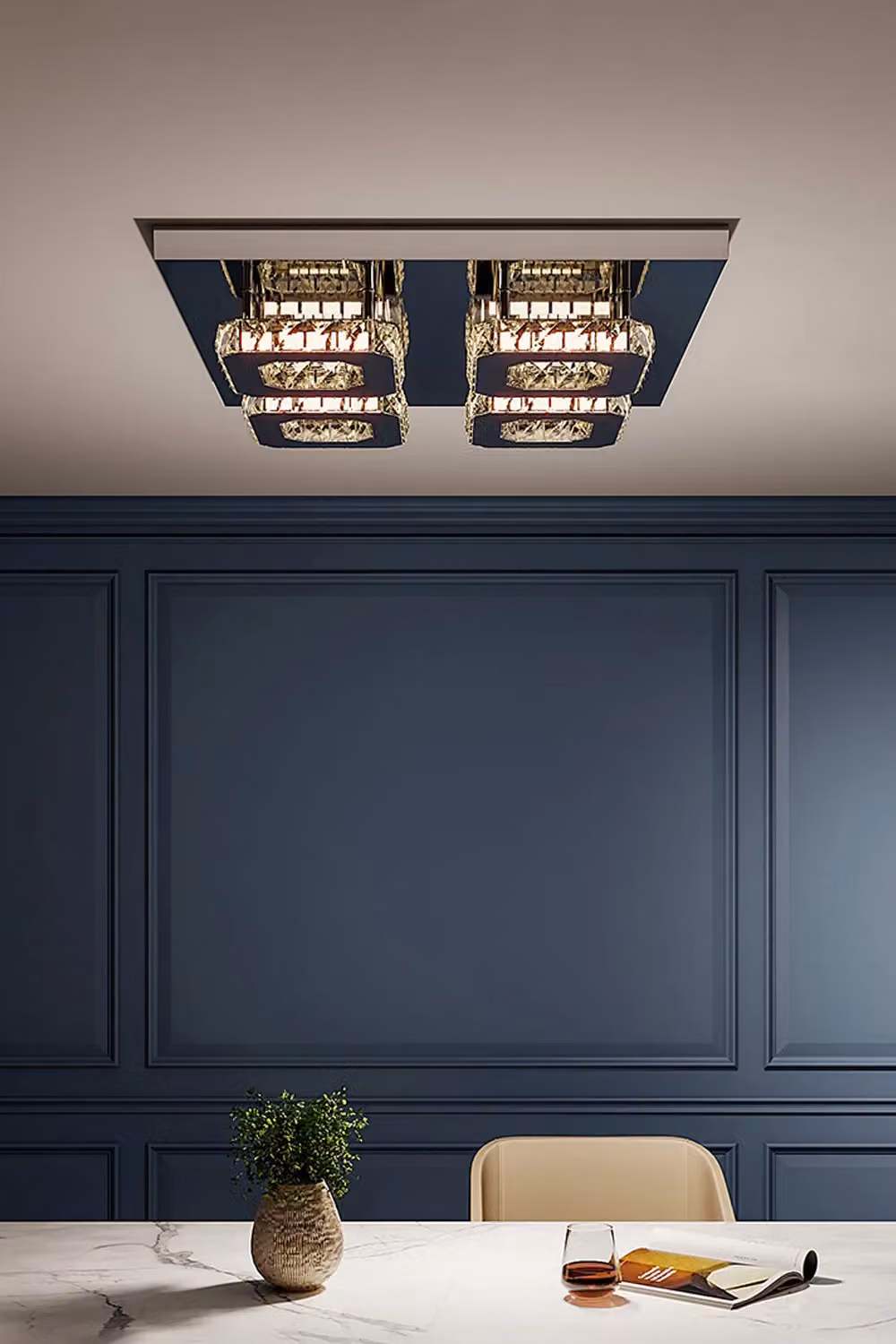 Living and Home Square Crystal Flush Mount Ceiling Light in Silver with Gold Accents – 2