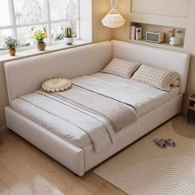 Aosom UK Beige Upholstered Double Bed Frame with Integrated Side Rails, L: 194 cm, W: 146.5 cm, H: 82.5 cm – 1