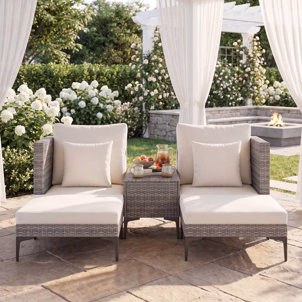 Costway 5-Piece Grey Polyrattan Patio Conversation Set with Upholstered Cushions and Side Table – 7