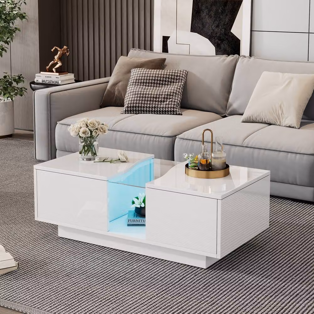 Rolipo High Gloss White LED Coffee Table with 2 Storage Drawers – 6