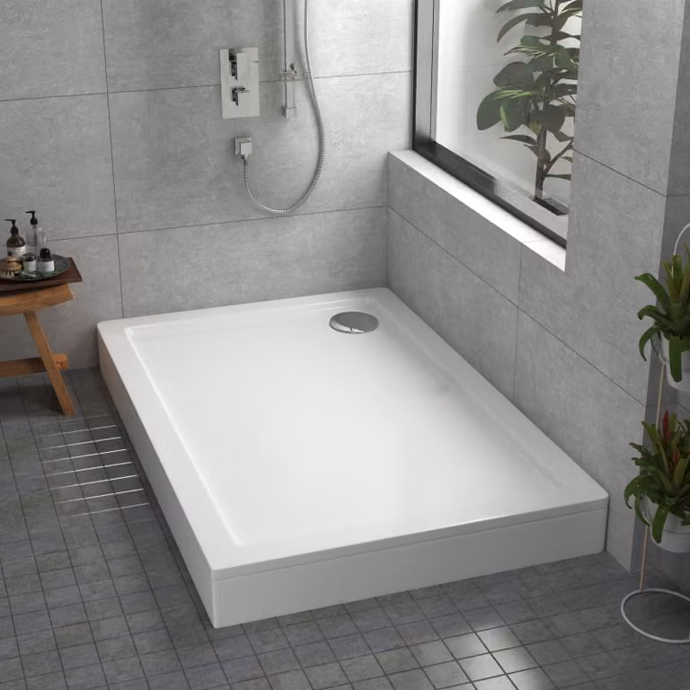 Apex Rectangular Mineral Cast Stone Shower Tray with Riser Kit, White, W: 110 cm, D: 90 cm, H: 3 cm
