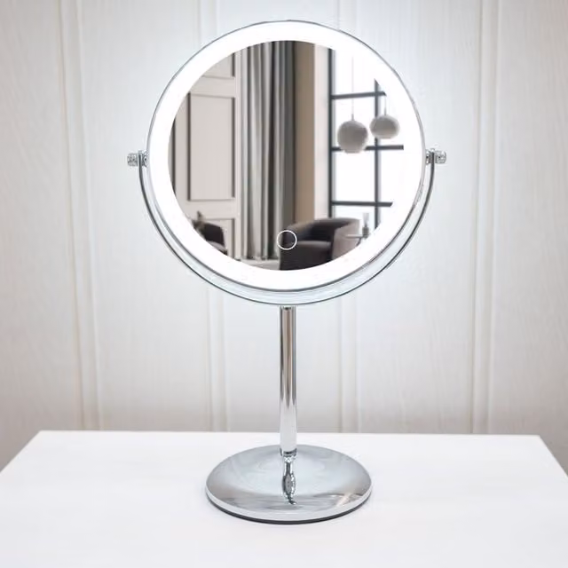 ValueLights LED Rechargeable Round Tabletop Mirror in Silver with Dimmable Touch Switch and 8 inch Diameter