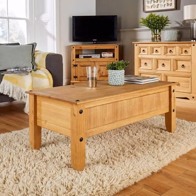 Home Source Corona Rustic Rectangular Coffee Table Storage Unit in Brown and Yellow Pine Wood