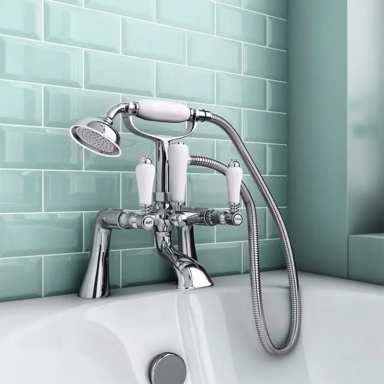 Nes Home Imperior Traditional Bath Shower Mixer and Basin Dual Lever Tap Set in Silver