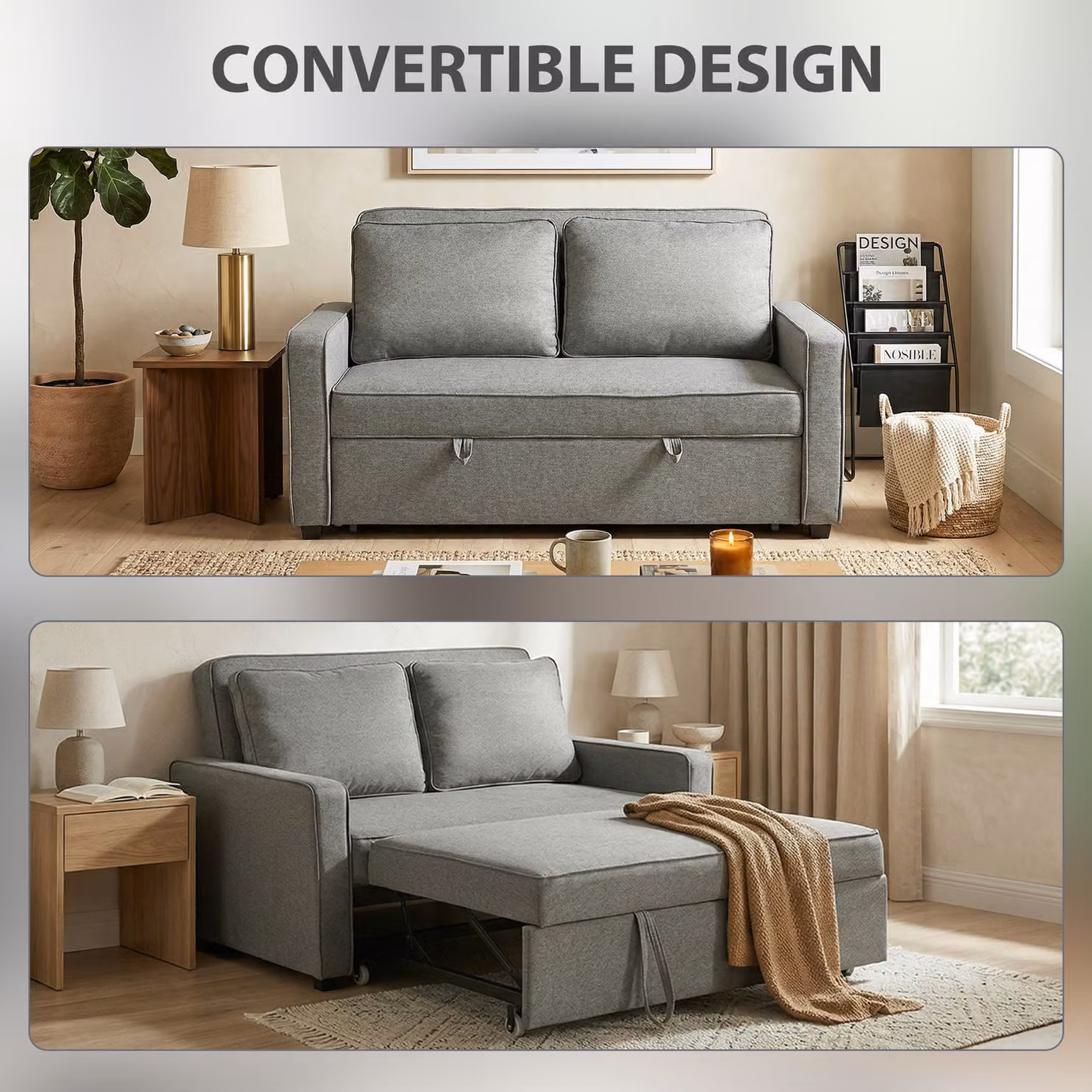 HOMCOM Grey Fabric Click Clack Double Sofa Bed with Adjustable Backrest and Solid Wood Frame – 4