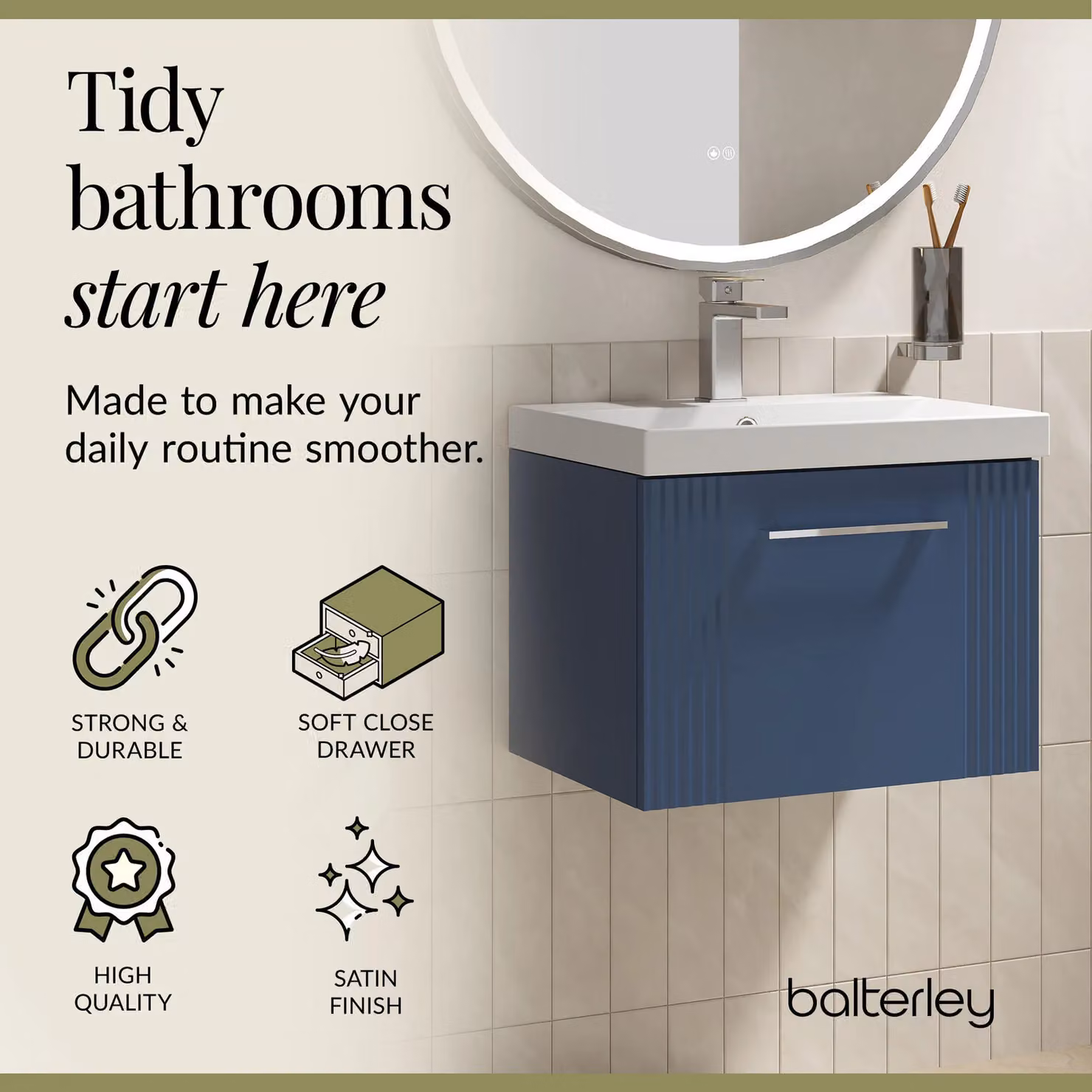 Balterley Wall Hung 1 Drawer Vanity Unit with Thin-Edge Basin, Satin Blue, Width: 50 cm – 3
