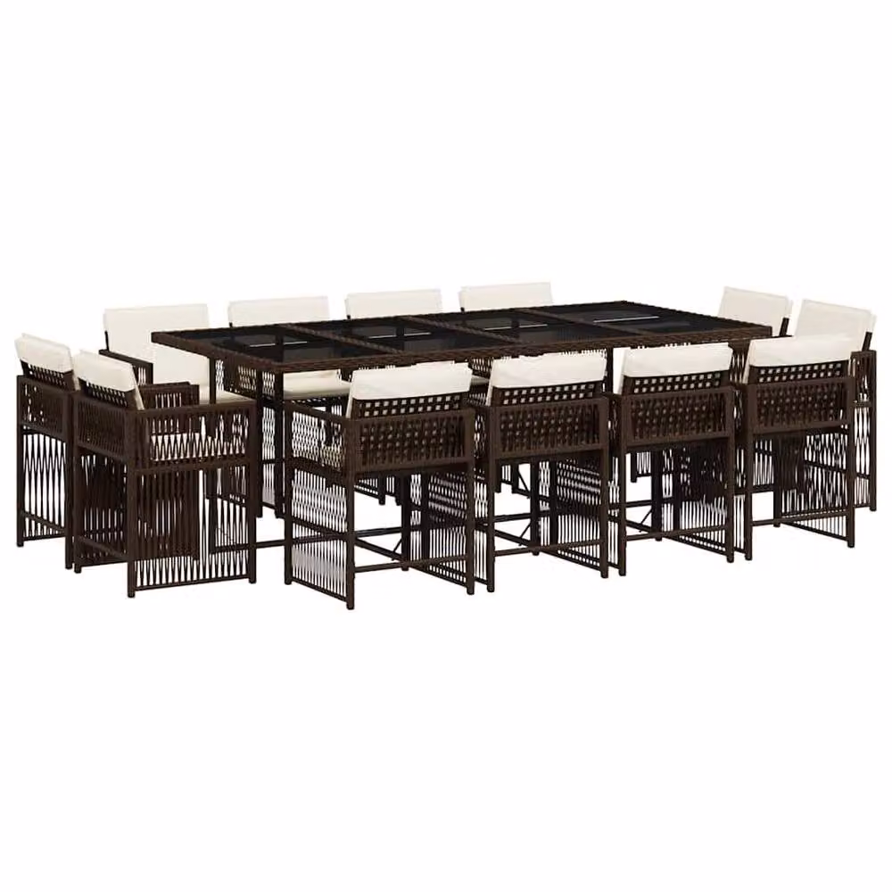 Berkfield Home 13 Piece Brown Poly Rattan Garden Dining Set with Cushions and Glass Tabletop – 2