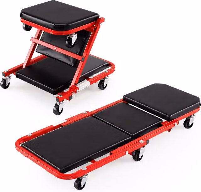 COSTWAY 2-in-1 Metal Roller Garage Chair in Red