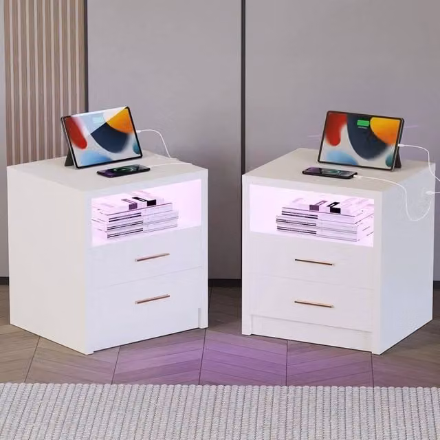 FORGEVIO Modern White 2-Drawer Bedside Table with Integrated Lighting and USB Charging Port