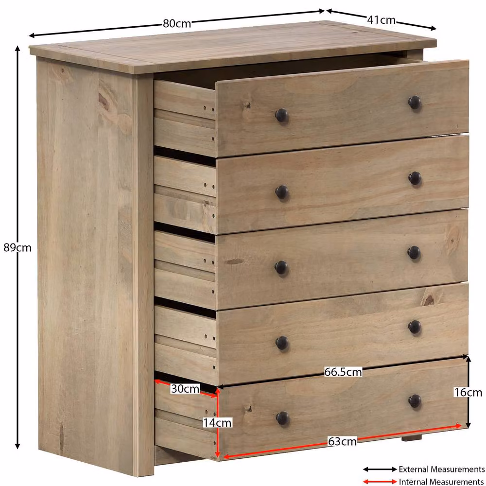 HD Designs Panama Solid Pine 5 Drawer Chest in Brown – 2