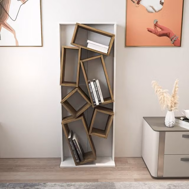 Decorotika Carmen Bookshelf in White and Walnut, W/D/H: 60.0 x 24.0 x 153.6 cm