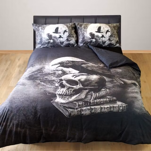 Alchemy England Poe's Raven Duvet Cover and Pillowcase Set in Black and Grey, W/D/H: 220 x 200 cm, Pillowcase: 50 x 75 cm