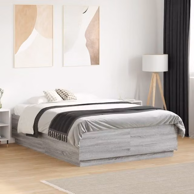Berkfield Home Small Double Bed Frame in Grey Sonoma with LED Under-Bed Lighting and USB Charging Port, W/D/H: 120 x 190 cm