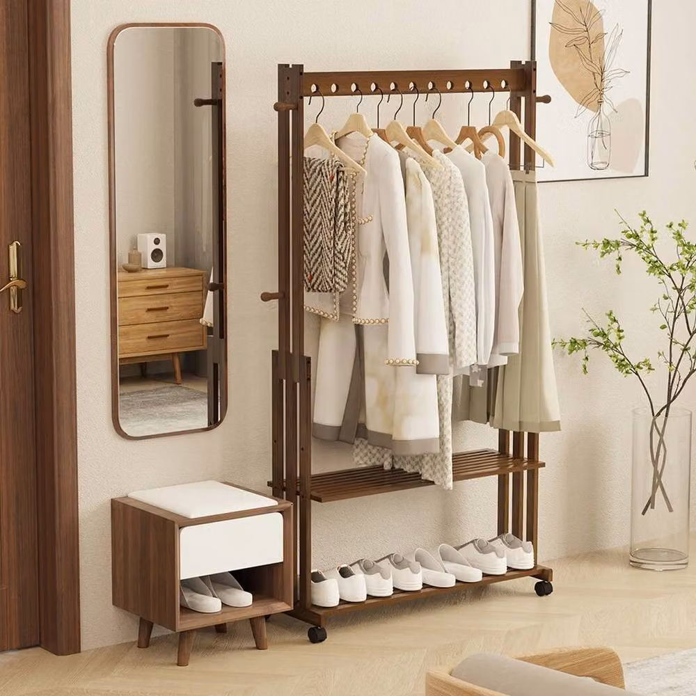 NESTLUNE Heavy Duty Vintage Bamboo Wood Clothes Rail with Rolling Wheels in Brown – 5