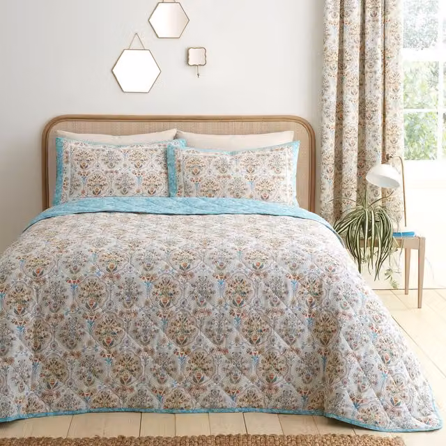 Dreams & Drapes Edena Decorative Floral Quilted Bedspread in Petrol, Gold and Multicolour, W: 200 cm, D: 230 cm