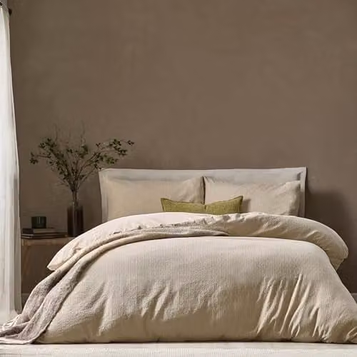 Riva Home Yard Striped Jacquard Cotton Duvet Cover Set, Beige Linen, W: 230 cm, H: 230 cm, W/D/H: 180 x 200 cm – 1