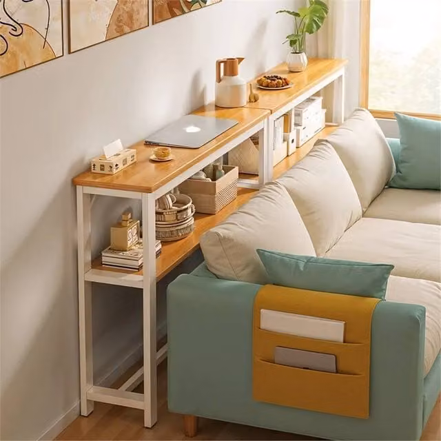 KORVIXA Double Layer Wood Long Rectangle Side Table in Natural Wood Colour