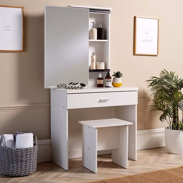 Home Source Modern Makeup Dressing Table Set with Vanity Mirror and Stool in White – 1
