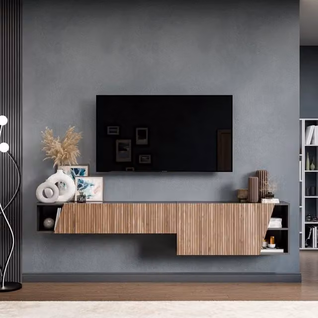 Decorotika Fati Wall Mounted Minimalist Entertainment Center in Black with Geometric Pattern