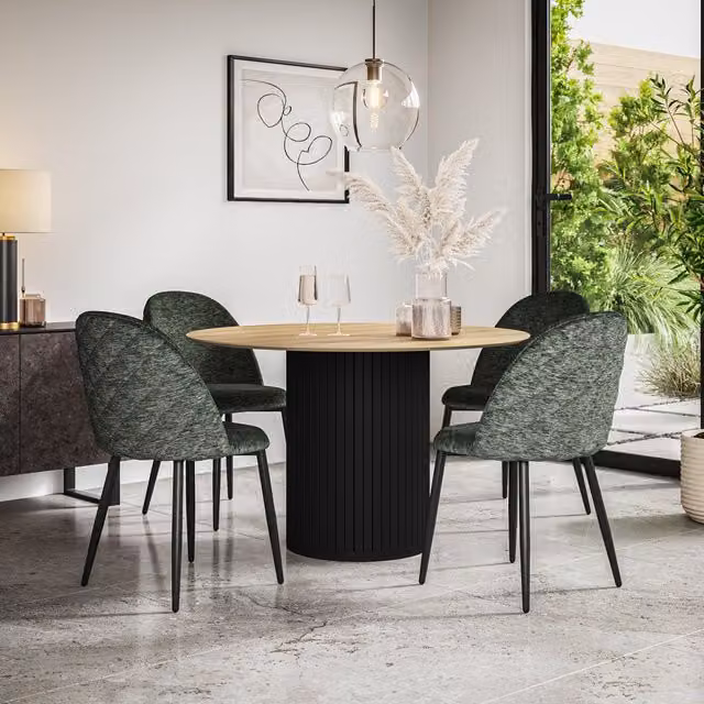 Arlo Modern Round Dining Table Set with 4 Green Velvet Chairs