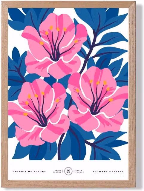 ARTZE Pink and Blue Cosmos Flower Market Gallery Framed Botanical Illustration Print with Mid Blue Oak Frame, Size: A3