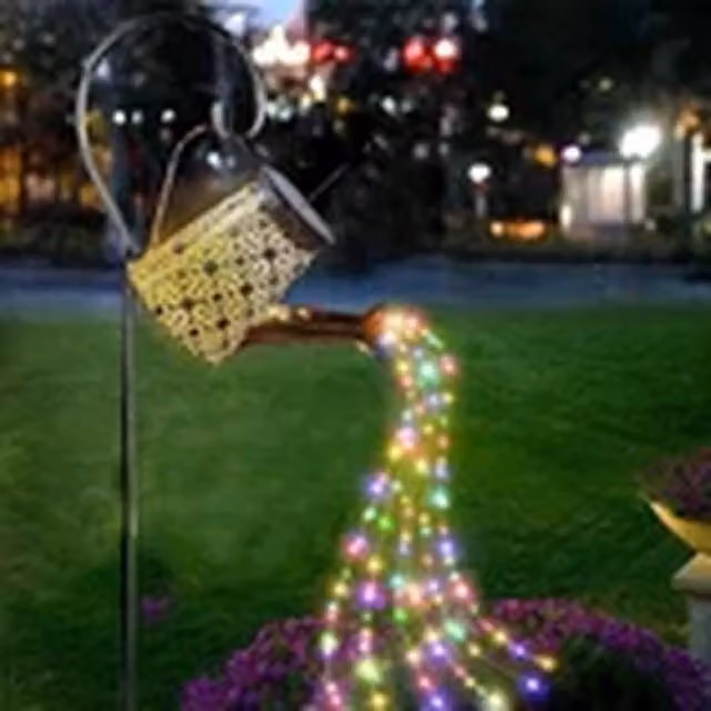 VOGREX Solar Watering Can Garden Art with 90 Warm White LED String Lights in Bronze