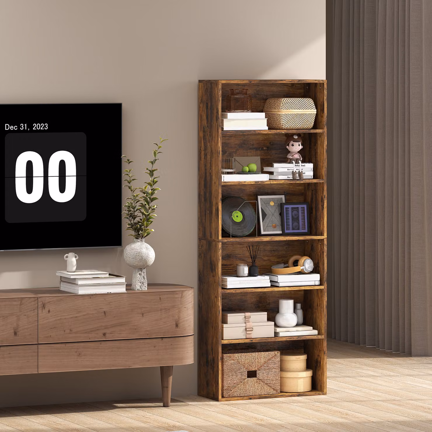 HOMCOM Six Shelf Freestanding Bookcase with Adjustable Shelves in Rustic Brown – 6