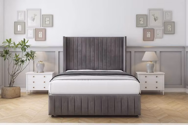 Sloomy Marlborough Naples Grey Velvet Upholstered Divan Bed Set with Wingback Headboard and Footboard, W/D/H: 140 x 200 cm