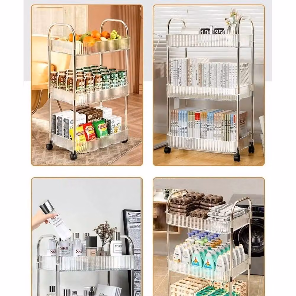 KORVIXA 3 Tier Storage Trolley Cart on Wheels in Transparent, W/D/H: 100 x 100 x 100 cm – 4