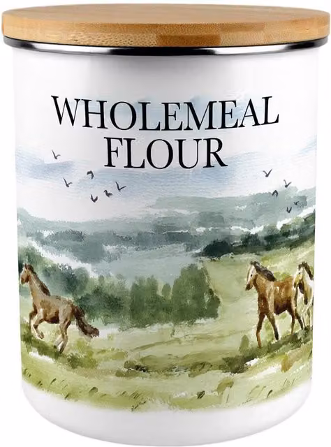 Purely Home Wild Horses Wholemeal Flour Canister, 2.7 l, Green and White Enamel Airtight Kitchen Storage Container – 2