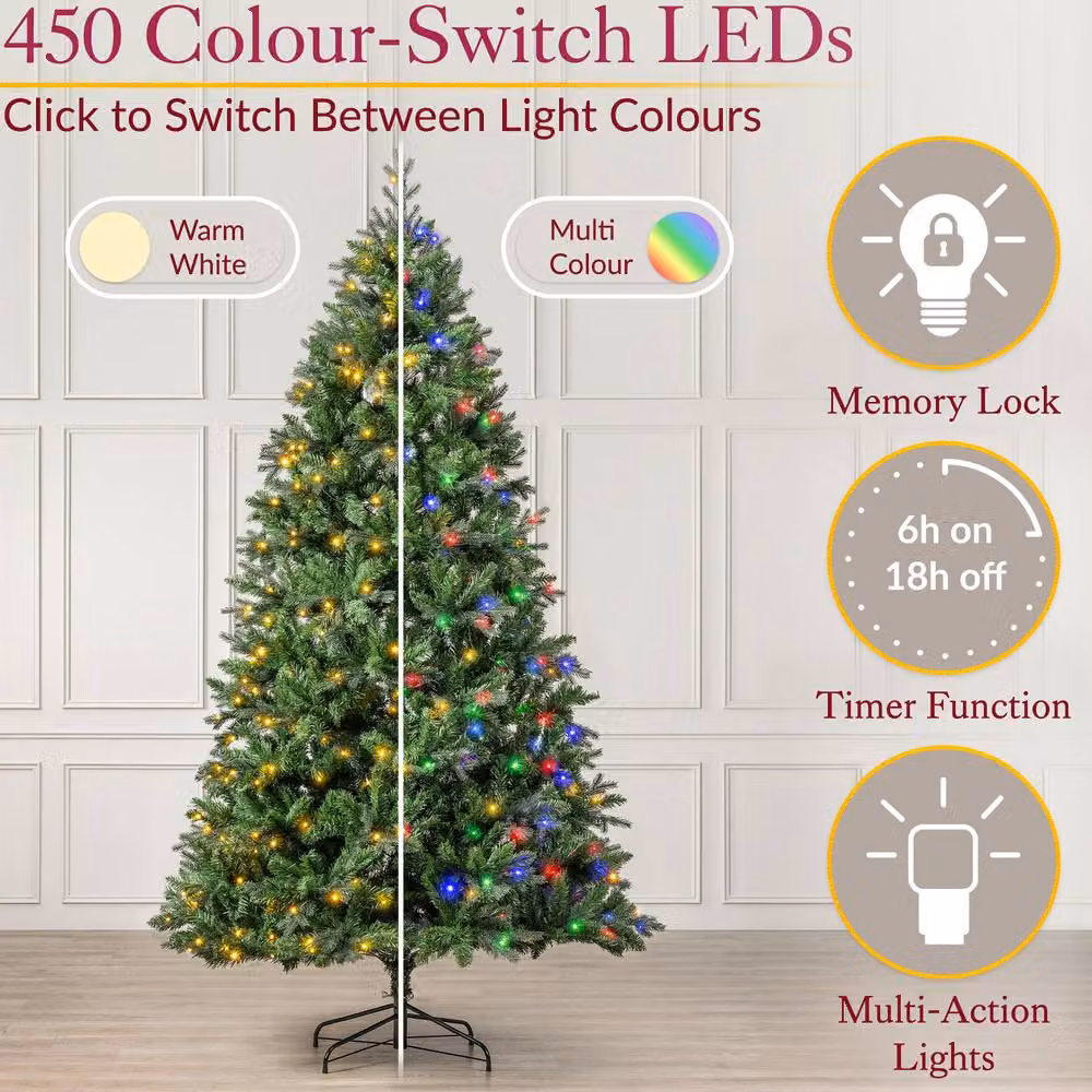 Christow Pre-Lit Fraser Fir Christmas Tree with RGB LED Colour Switch Timer, Green and Multicolour, Height: 7ft – 2