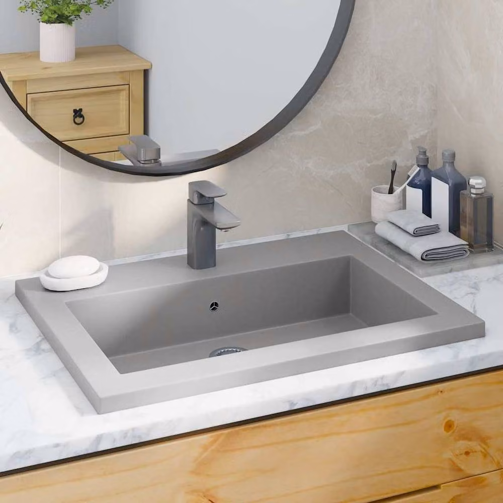 Berkfield Home Granite Composite Rectangular Countertop Basin in Grey, W: 60 cm, D: 45 cm, H: 12 cm – 2