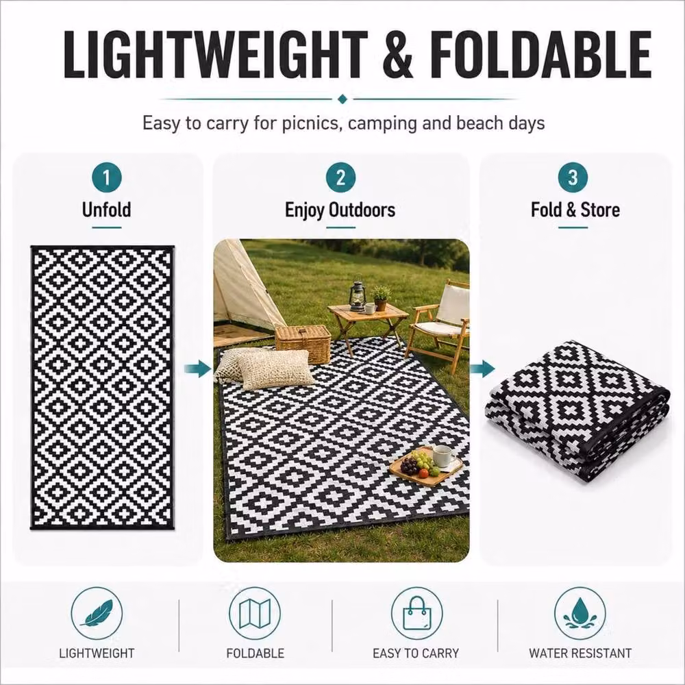 PAWNORA Reversible Geometric Outdoor Patio Rug in Black and White, W: 150 cm, D: 240 cm – 2