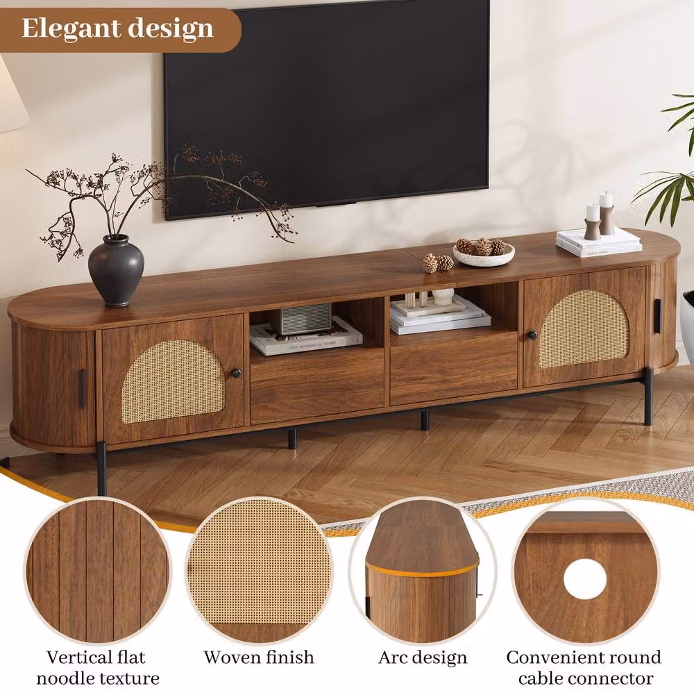 STILVORA Modern TV Cabinet with Rattan Sliding Doors and Drawers in Walnut Brown and Black, W: 200 cm, D: 40 cm, H: 50 cm – 6