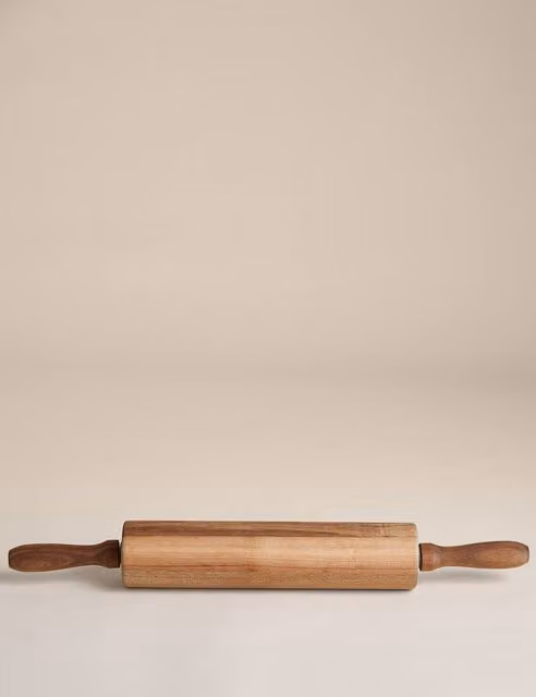M&S Natural Wooden Round Rolling Pin in Brown and Beige