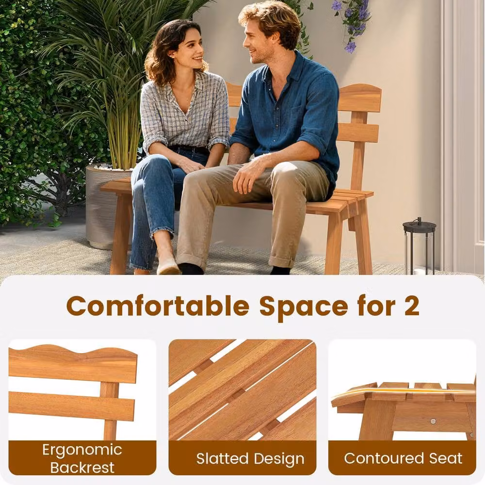 Costway 2-Person Outdoor Acacia Wood Garden Bench with Backrest and Armrests in Brown – 5