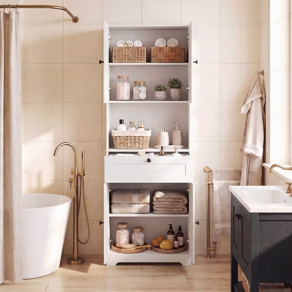 Costway Modern White Wooden Bathroom Cabinet with 4 Doors and 1 Drawer – 4
