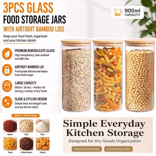 ATEK Set of 3 Clear Glass Food Storage Jars with Airtight and Leakproof Lids, 900ml each – 1