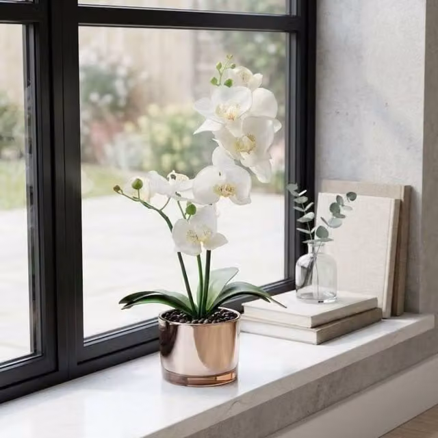 Garden Greatness Artificial White Orchid in a Transparent Glass Pot with Silver Accents