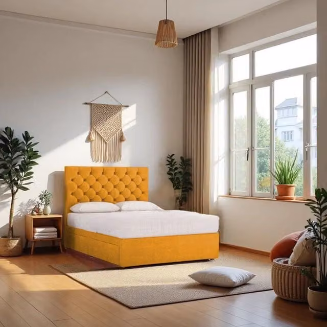 Knight Sleep Athens Plush King Size Bed Set in Mustard with Hybrid Mattress and 2 Drawers