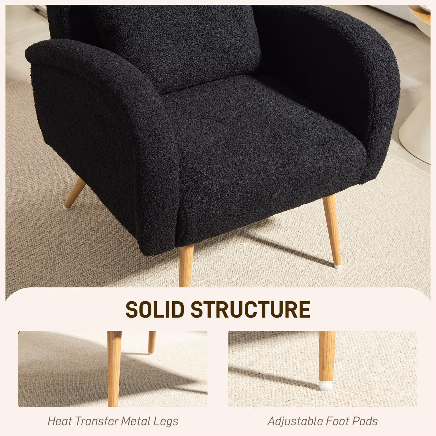 HOMCOM Black Teddy Fleece and Bouclé Accent Chair with Armrests – 5