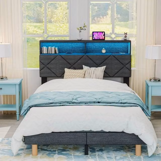 EONLION Grey Upholstered Double Bed Frame with Dimmable RGB Under-Bed Lighting, W: 140 cm, L: 200 cm – 1