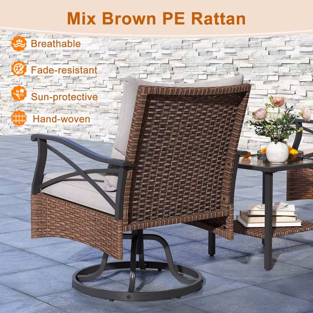 Gymax Brown Polyrattan Patio Swivel Rocker Set with 3 Upholstered Armchairs and 2-Tier Coffee Table – 5