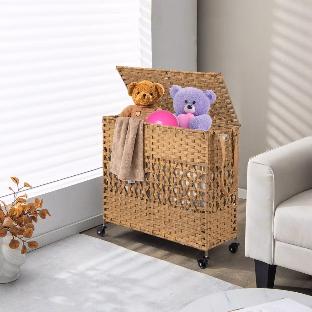 Costway 110L 2-Section Laundry Hamper with Lid and Wheels in Beige – 2