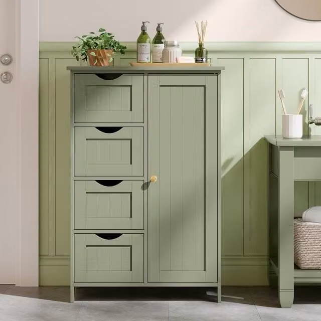 VASAGLE Bathroom Floor Storage Cabinet with 4 Drawers and 1 Door in Matt Green – 1