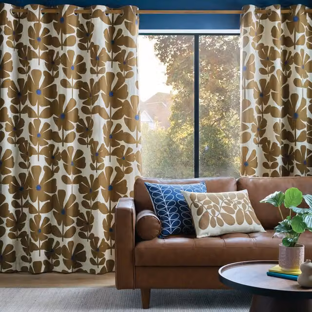 Orla Kiely Wildflower Ready Made Eyelet Curtains in Coffee