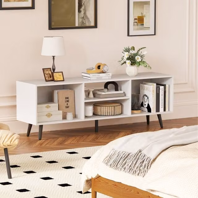 COSTWAY Mid Century Modern TV Stand for 55 inch TVs, White, W: 120 cm, D: 30 cm