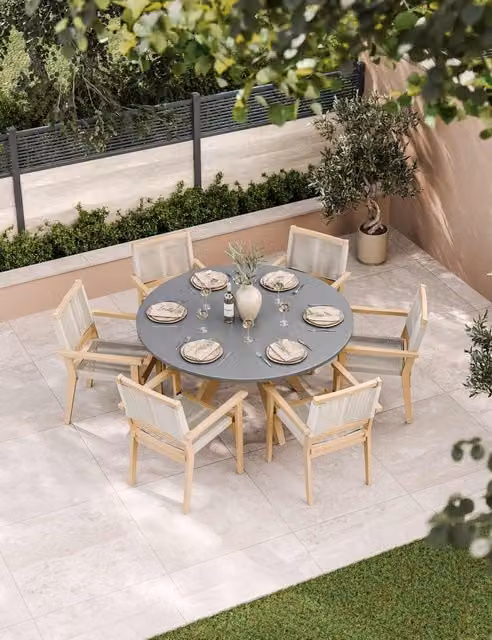 Royalcraft Luna 6 Seater Round Acacia Wood Dining Set with Roma Stacking Chairs in Beige and Grey Mix
